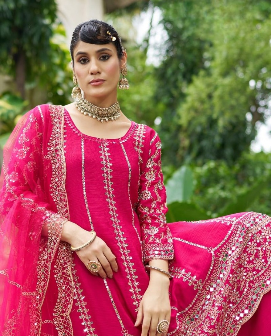 PINK - Rani Chinon Readymade Salwar Suit with Embroidered and Mirror Work
